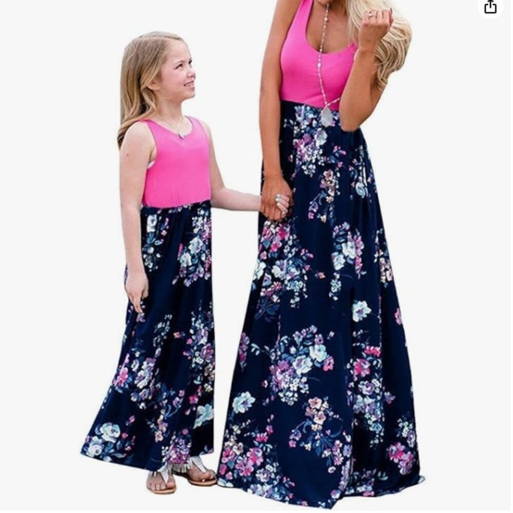 Sleeveless Pink & Navy Floral Maxi Dress